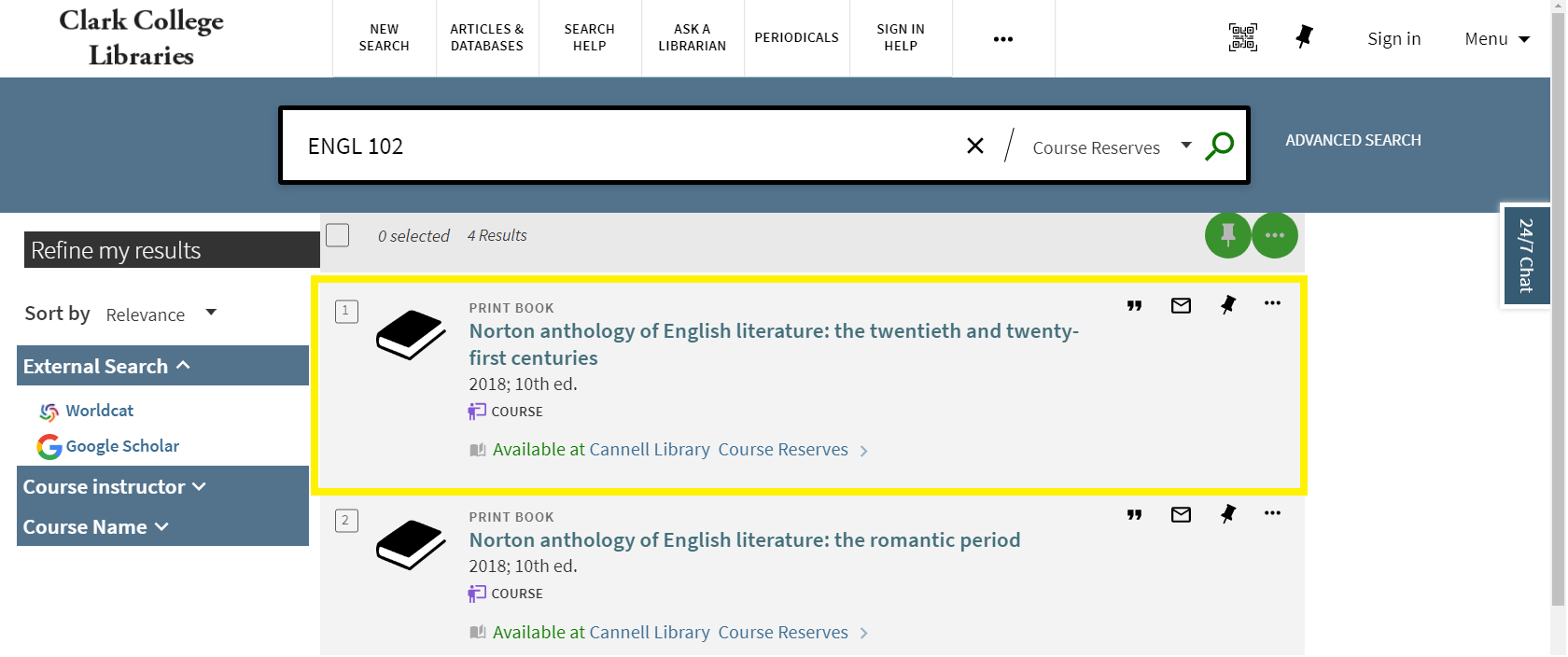 "This image is a screen capture of the search results of the library's online catalog with the first search result highlighted in a yellow box."