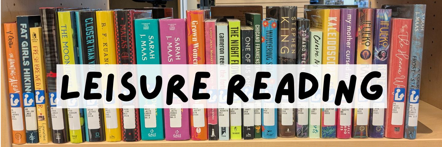 Decorative, "Leisure Reading" text, books in background